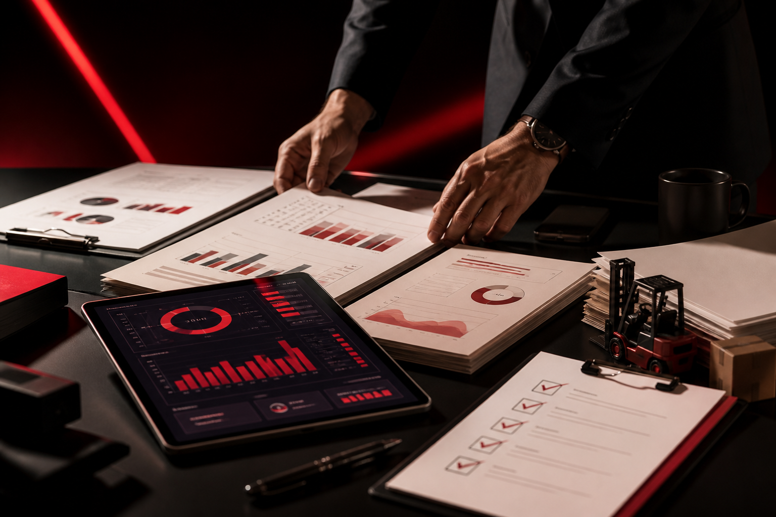 Funding documents and business growth dashboard arranged on a black desk